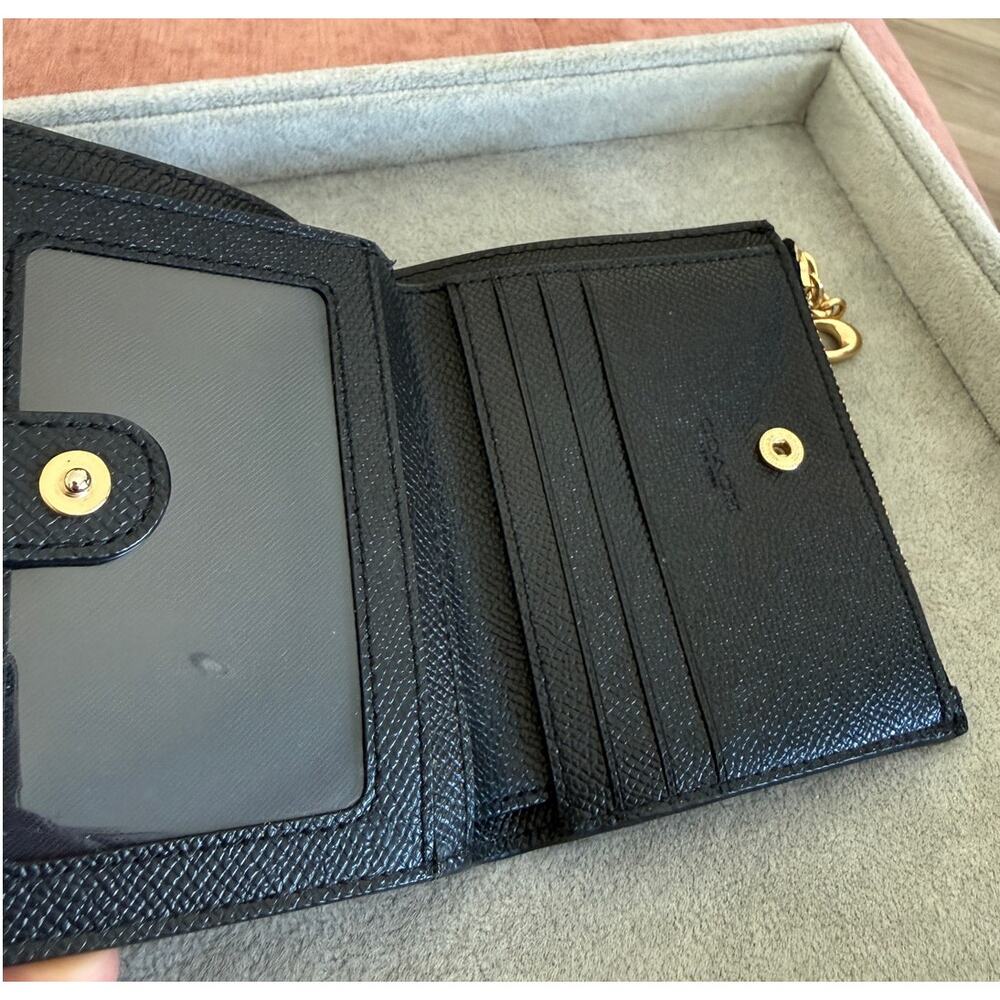 Coach Black Crossgrain Leather Small Snap Bifold Wallet F73867 Gold Logo - Picture 3 of 7